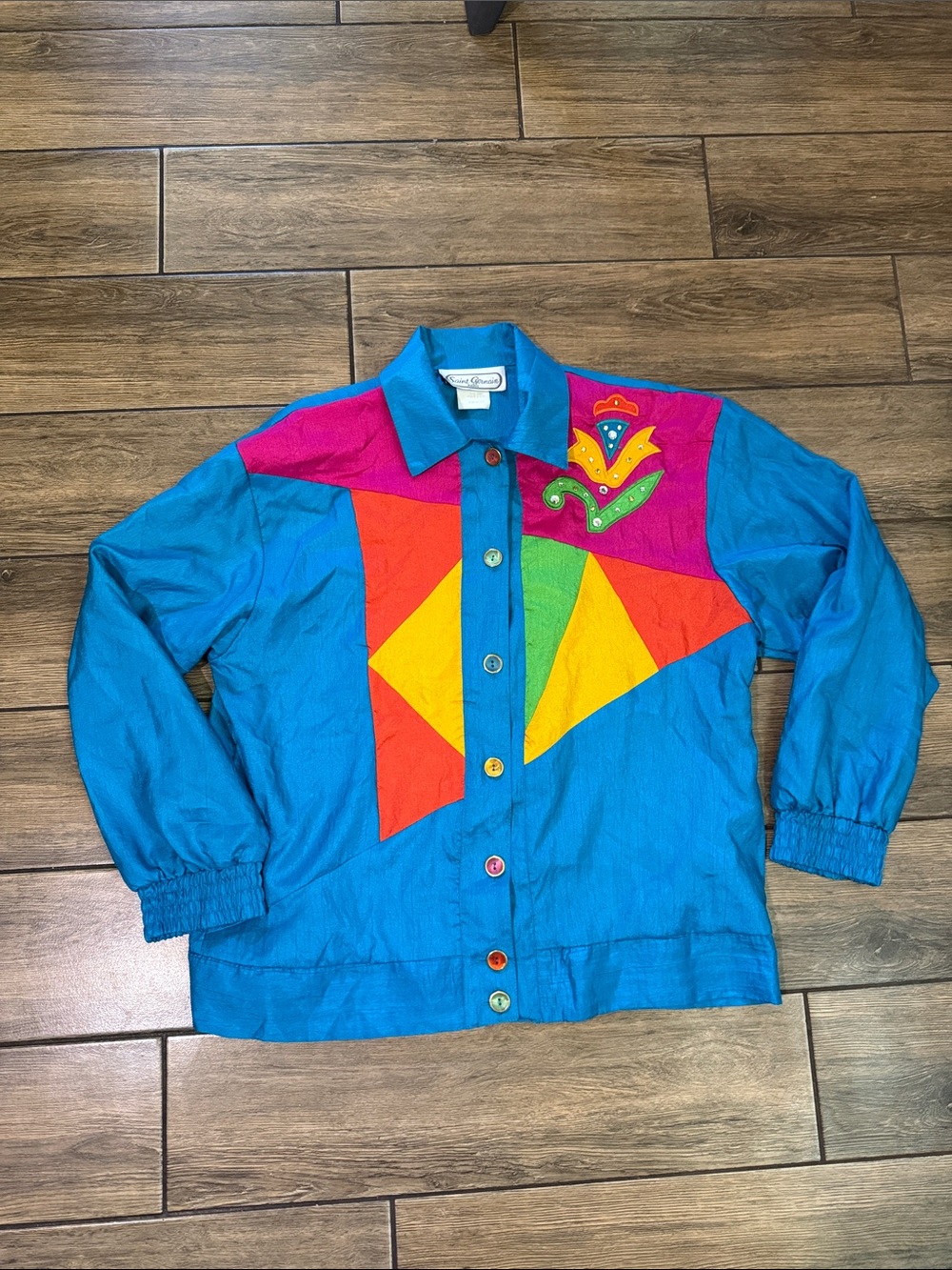 vintage 1980s colorblock shirt jacket by the brand Saint Germain Paris.